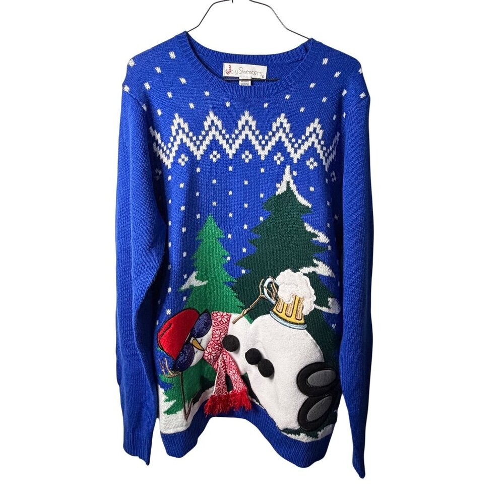 Jolly Sweaters Mens Medium Ugly Christmas Sweater Drunk Snowman Beer Knit‎ Party